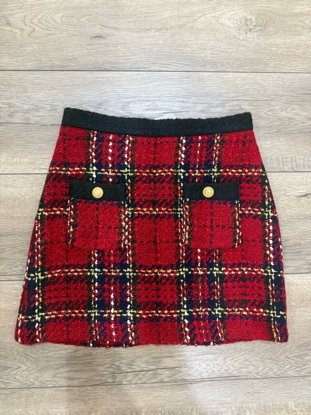 Zara Red Plaid Mini Skirt with Black Trim and Gold Buttons